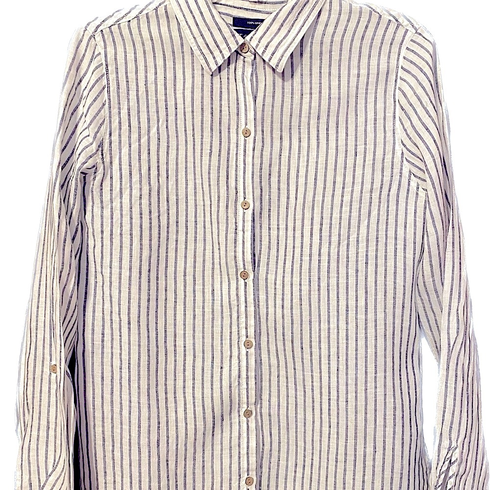 EUC Tahari Womens 100%Linen Blue Striped Top